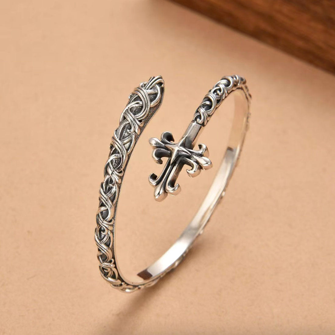 Men’s Sterling Silver Cross Cuff Bracelet with Ivy Pattern