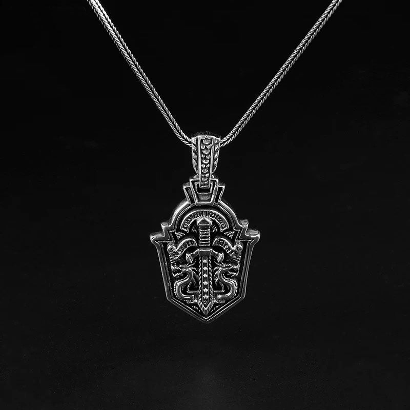 Mens Sterling Silver Sword Shield Necklace