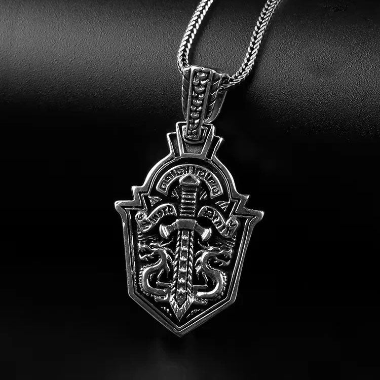 Mens Sterling Silver Sword Shield Necklace