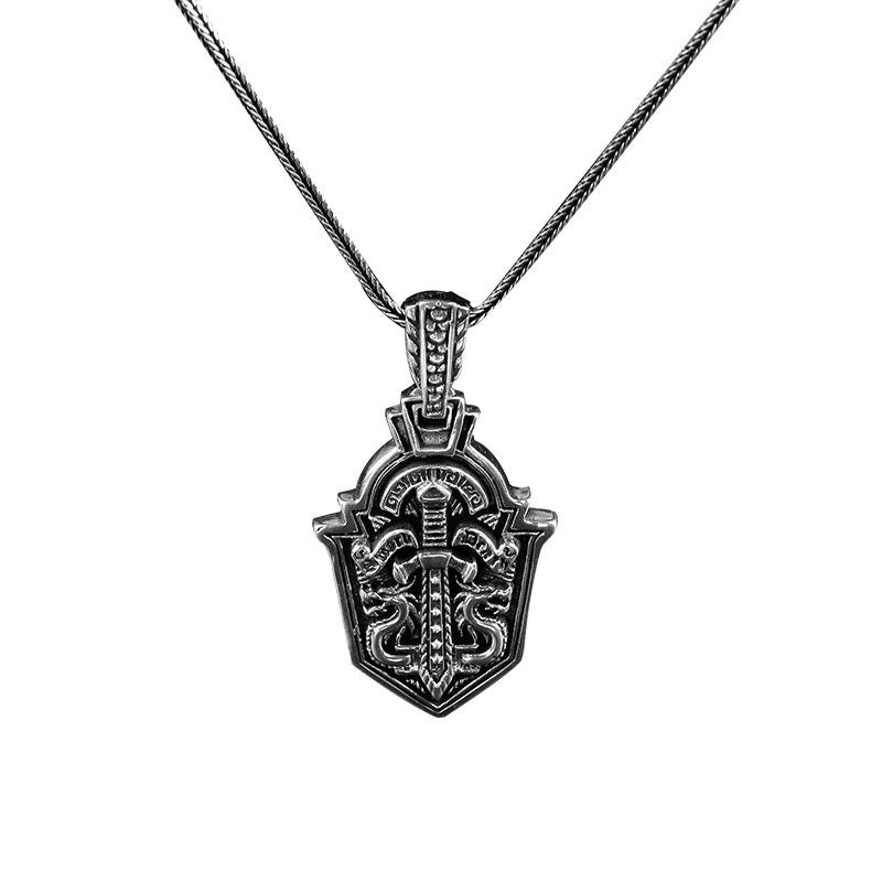 Mens Sterling Silver Sword Shield Necklace