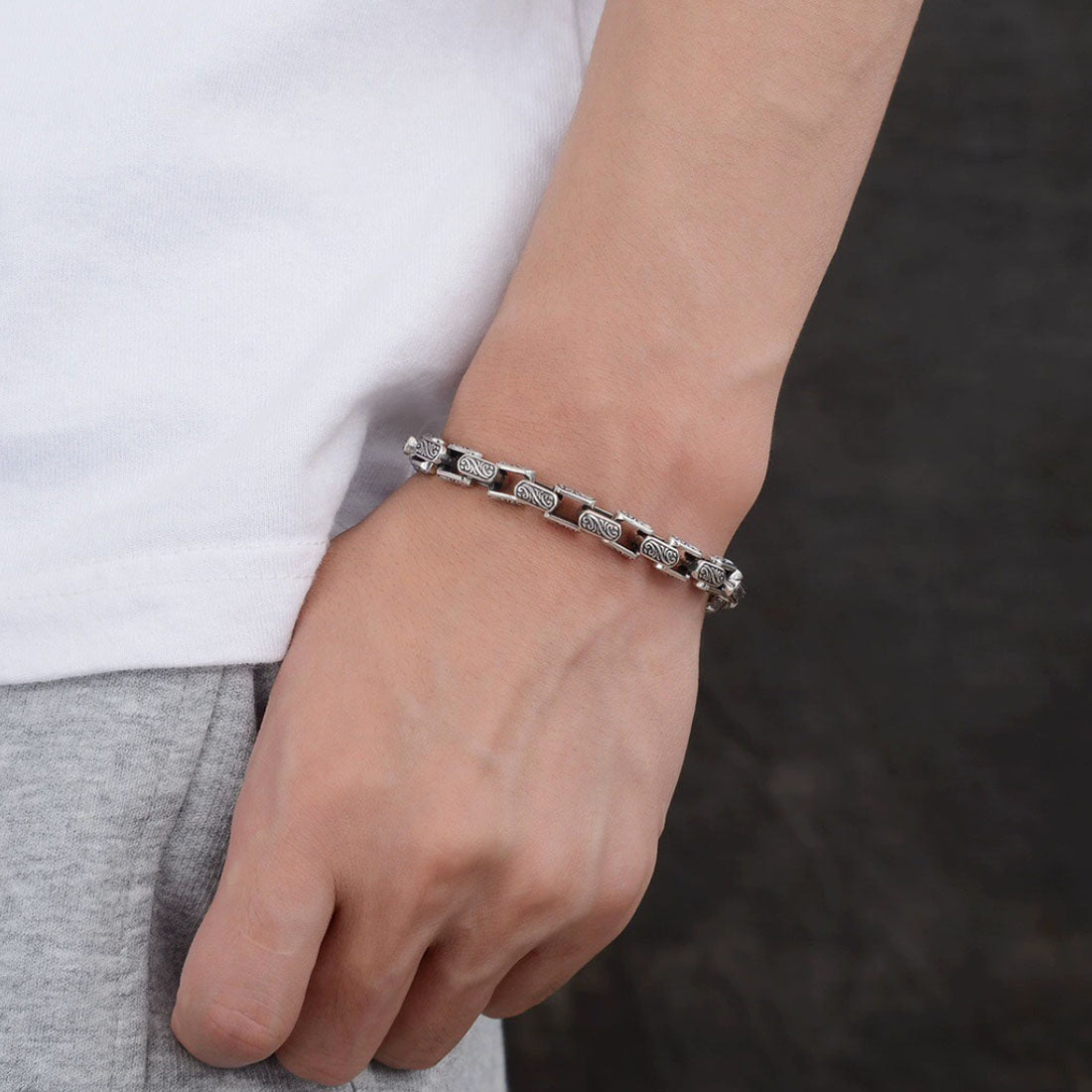 Men’s Sterling Silver Ivy Pattern Link Bracelet