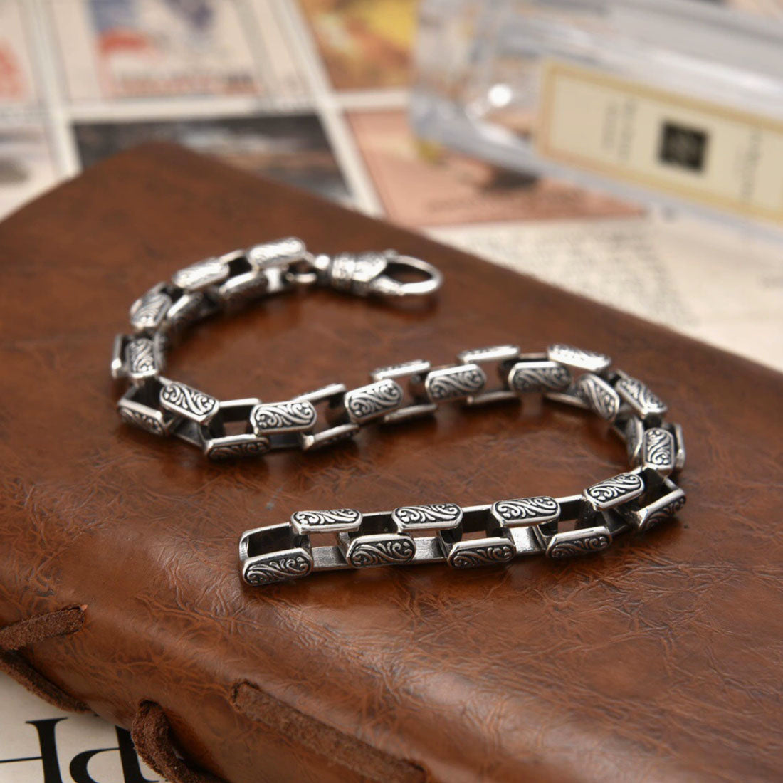 Men’s Sterling Silver Ivy Pattern Link Bracelet