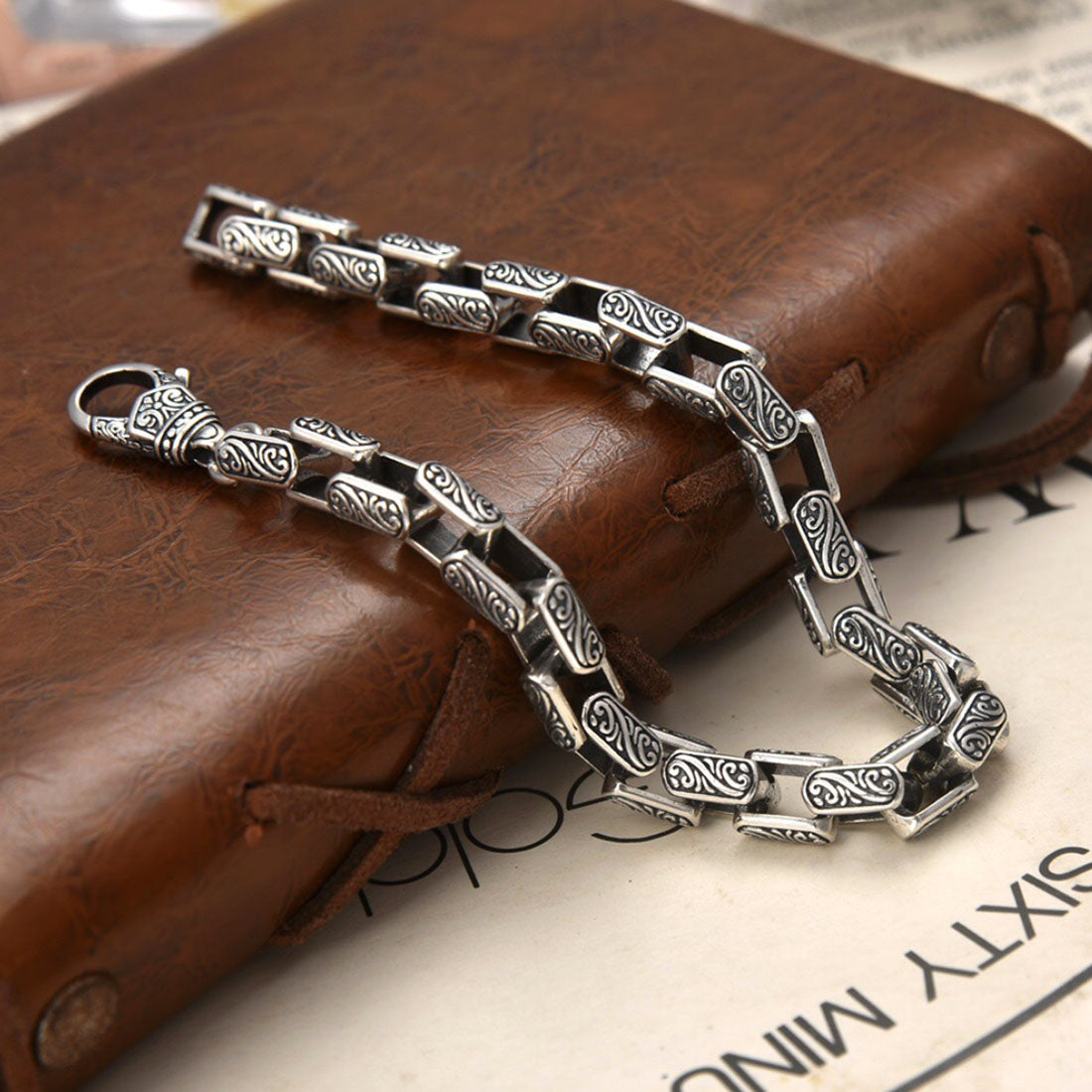 Men’s Sterling Silver Ivy Pattern Link Bracelet