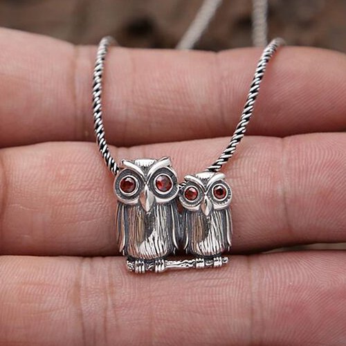 Sterling Silver Owls Pendant Necklace