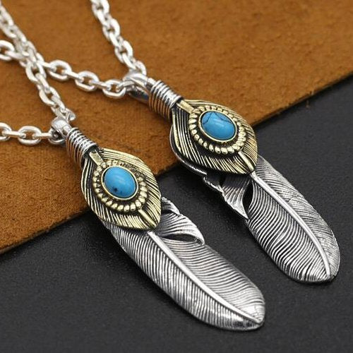 Men's Sterling Silver Turquoise Feather Pendant Necklace