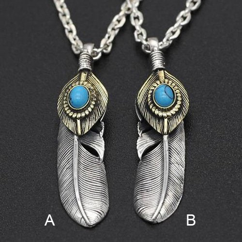 Men's Sterling Silver Turquoise Feather Pendant Necklace