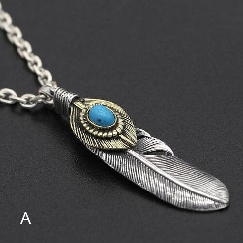 Men's Sterling Silver Turquoise Feather Pendant Necklace