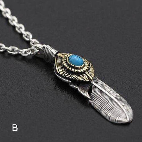 Men's Sterling Silver Turquoise Feather Pendant Necklace