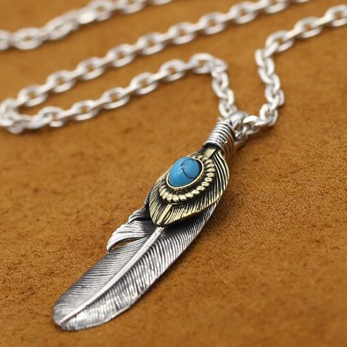 Men's Sterling Silver Turquoise Feather Pendant Necklace