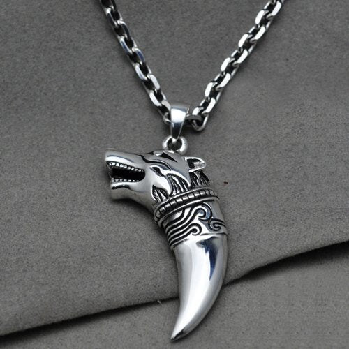 Men's Sterling Silver Wolf Head Pendant Necklace