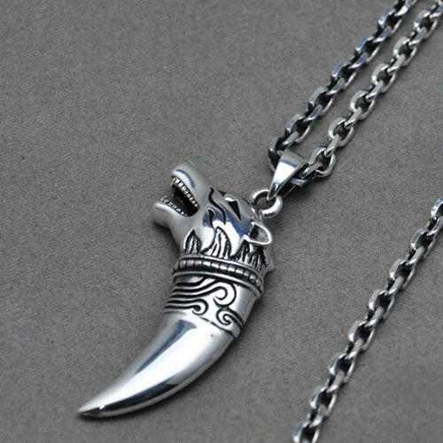 Men's Sterling Silver Wolf Head Pendant Necklace