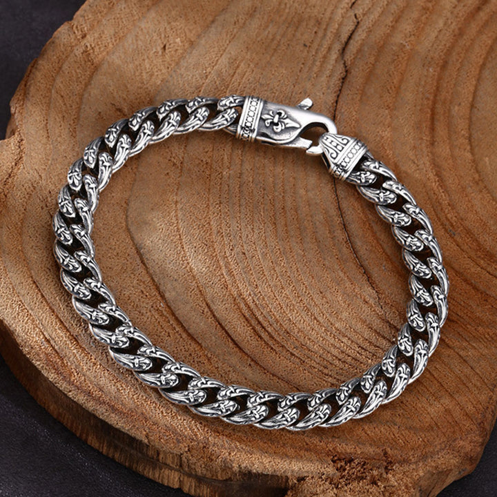 Sterling Silver Fleur de Lis Cuban Chain Bracelet for Men