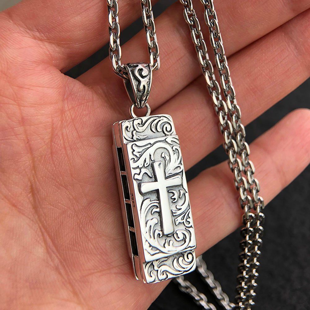 Sterling Silver All-Seeing Eye Harmonica Necklace - Jewelry1000.com
