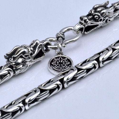 3.5-7 mm Men's Sterling Silver Dragon Head Byzantine Chain 18"-24"