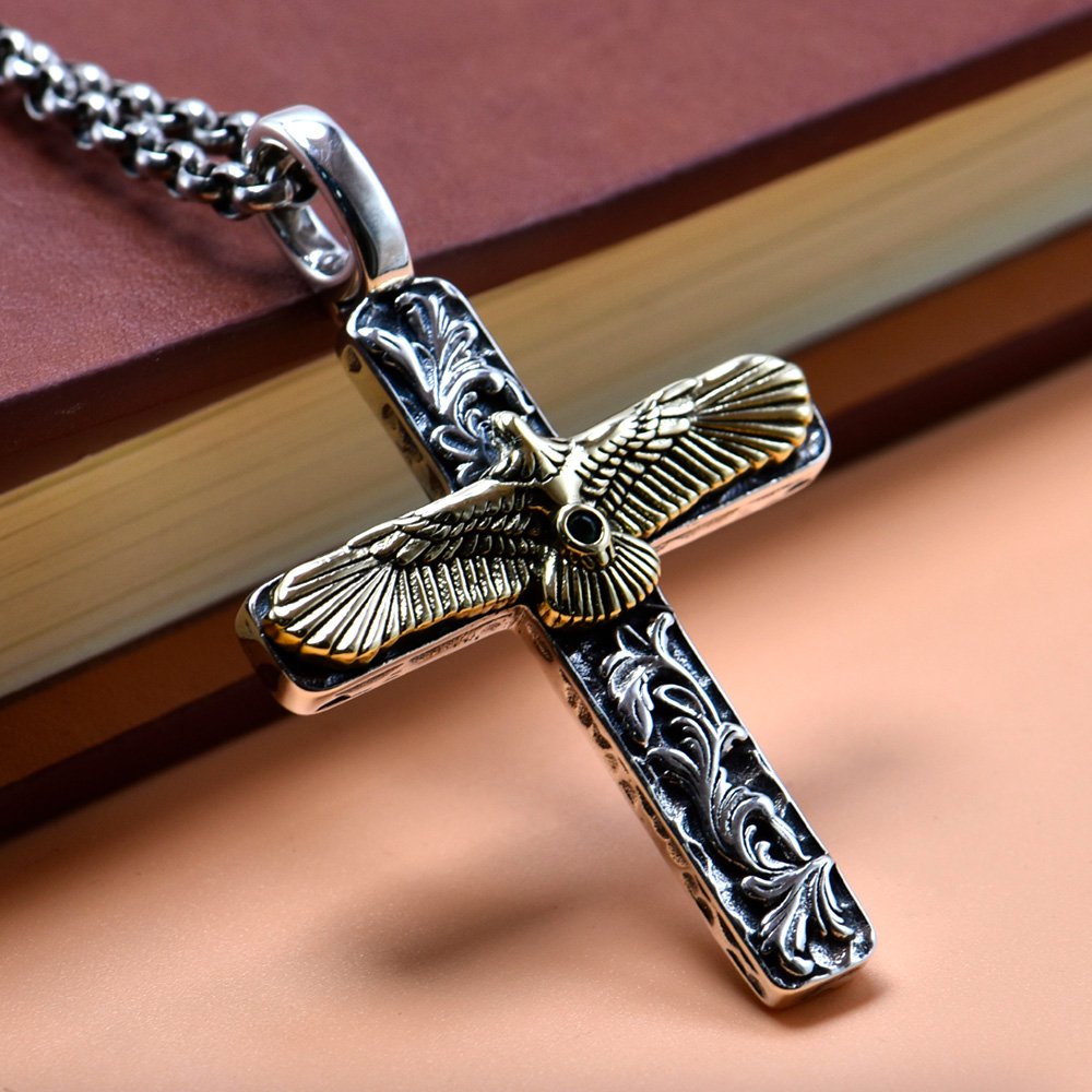 Men's Sterling Silver Eagle Cross Necklace