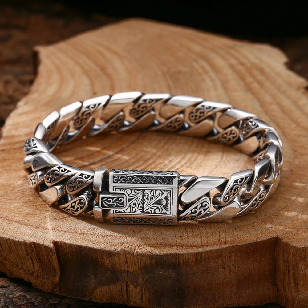 Men's Sterling Silver Ivy Pattern Curb Chain Bracelet