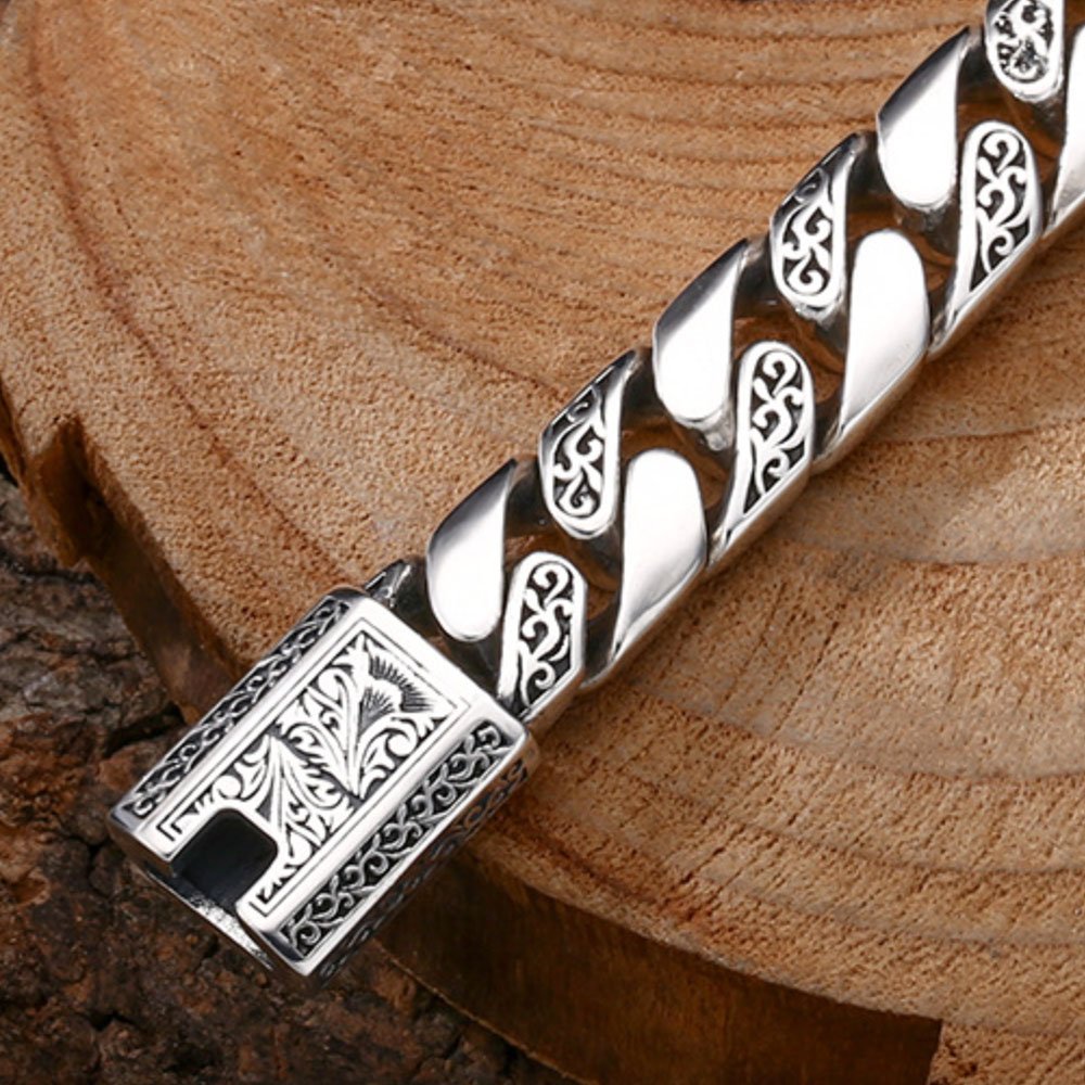 Men's Sterling Silver Ivy Pattern Curb Chain Bracelet