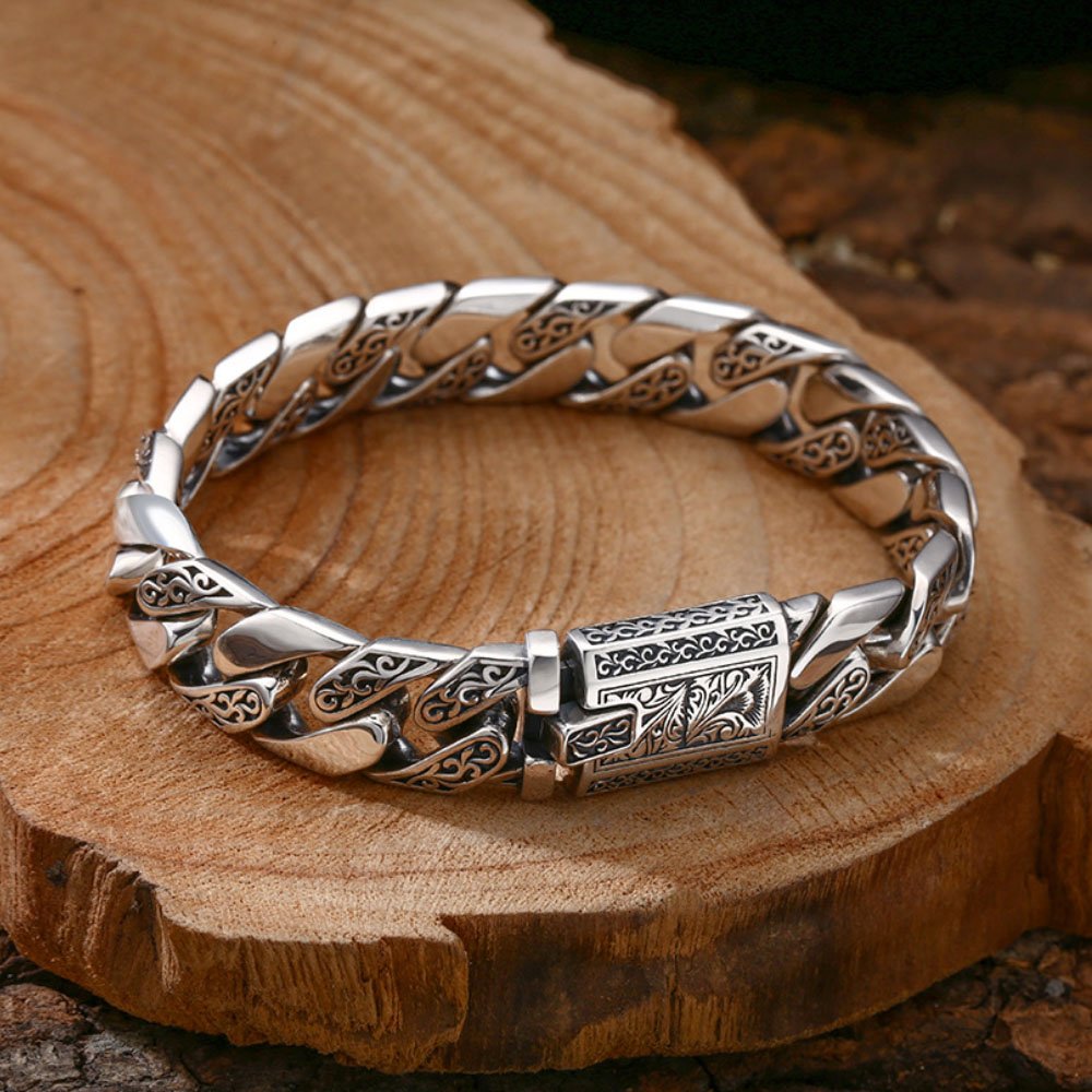 Men's Sterling Silver Ivy Pattern Curb Chain Bracelet