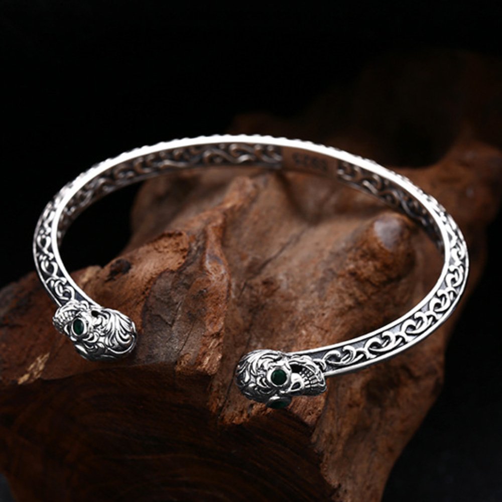 Sterling Silver Ivy Pattern Skulls Cuff Bracelet