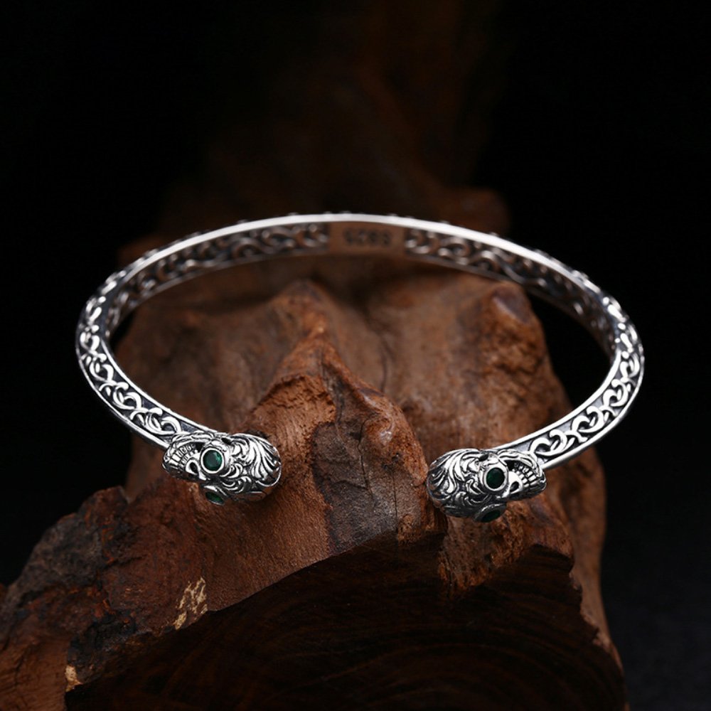 Sterling Silver Ivy Pattern Skulls Cuff Bracelet