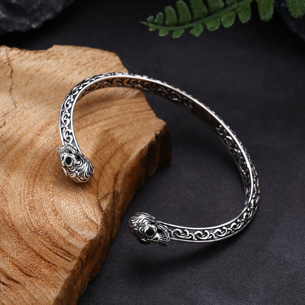 Sterling Silver Ivy Pattern Skulls Cuff Bracelet