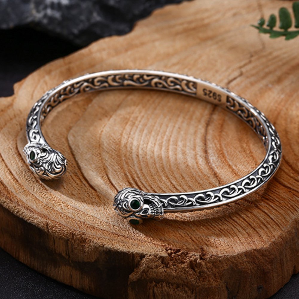 Sterling Silver Ivy Pattern Skulls Cuff Bracelet