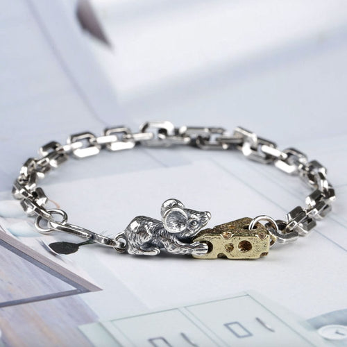 Sterling Silver Mouse Loving Cheese Chain Bracelet