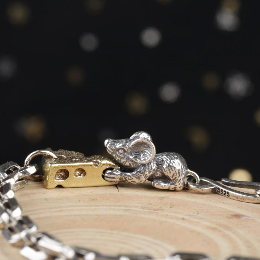 Sterling Silver Mouse Loving Cheese Chain Bracelet