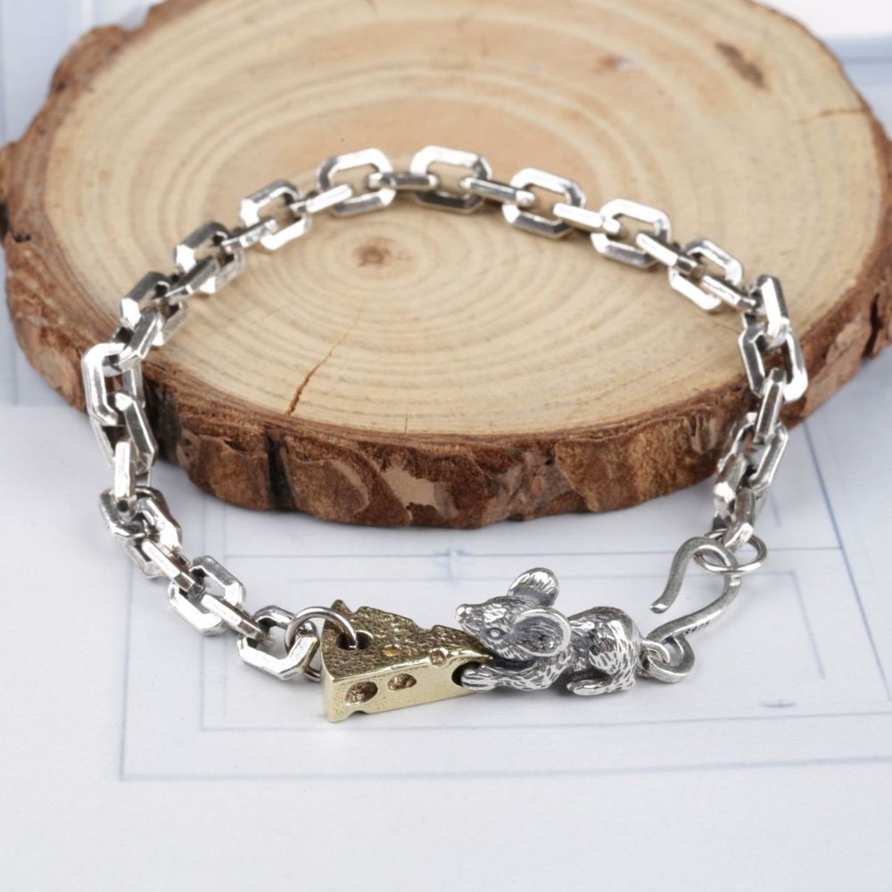 Sterling Silver Mouse Loving Cheese Chain Bracelet