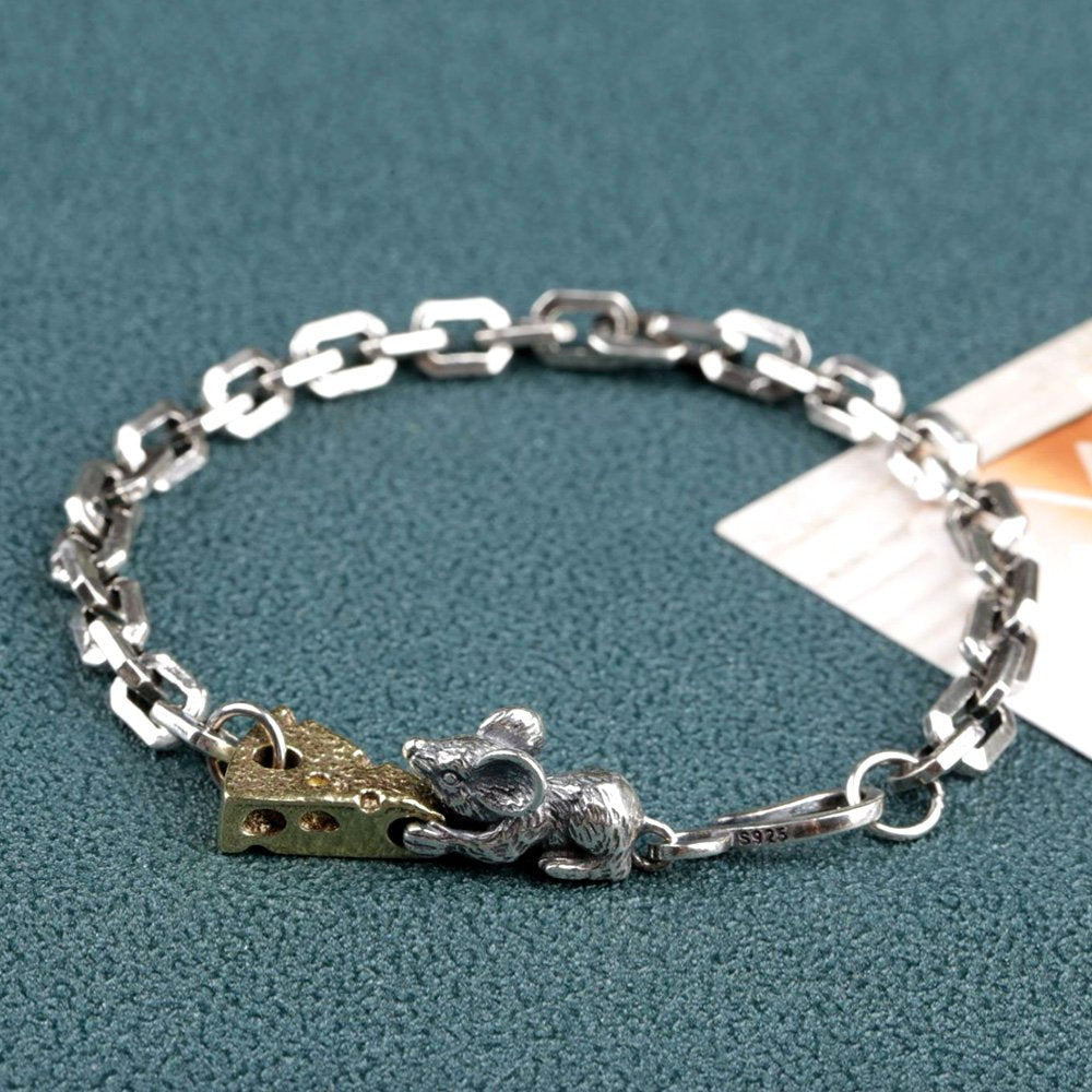 Sterling Silver Mouse Loving Cheese Chain Bracelet