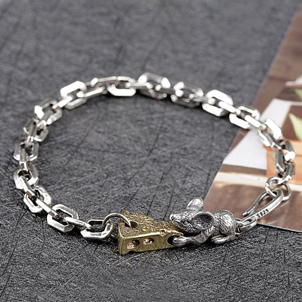 Sterling Silver Mouse Loving Cheese Chain Bracelet