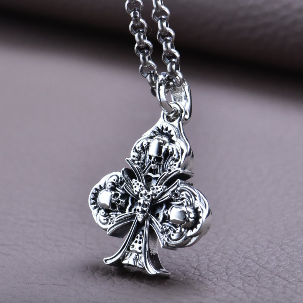 Men's Sterling Silver Poker Skulls Pendant Necklace