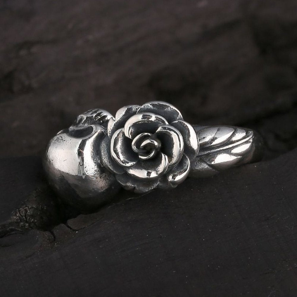 Sterling Silver Rose and Skull Ring