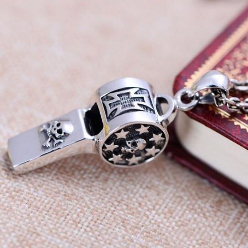 Men's Sterling Silver Skull Whistle Necklace