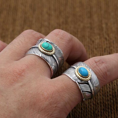 Men's Sterling Silver Turquoise Feather Wide Ring