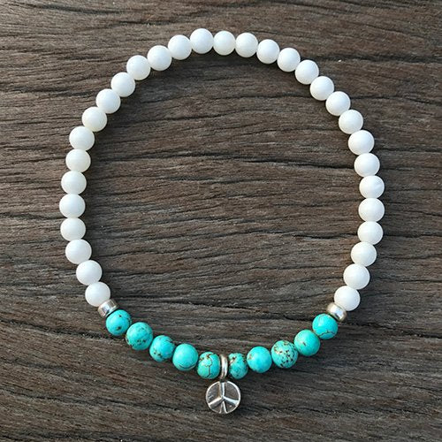 Turquoise and Shell Beaded Bracelet with Sterling Silver Charms 6"-8.5"