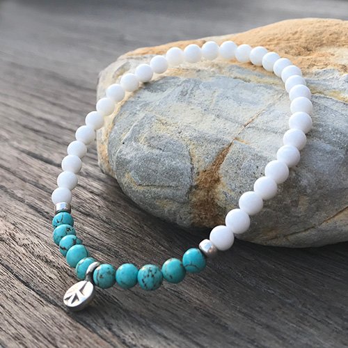 Turquoise and Shell Beaded Bracelet with Sterling Silver Charms 6"-8.5"