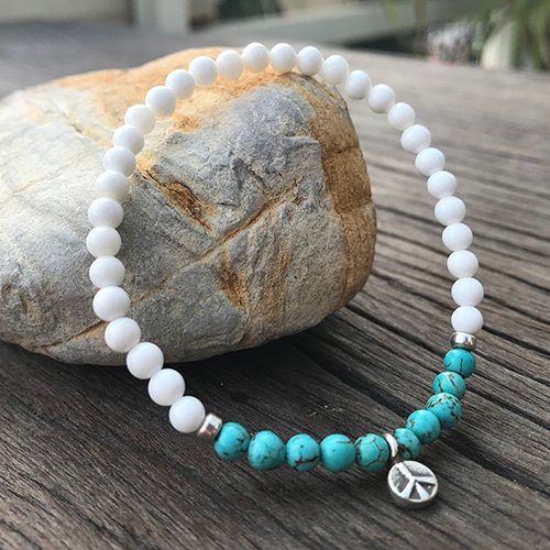 Turquoise and Shell Beaded Bracelet with Sterling Silver Charms 6"-8.5"