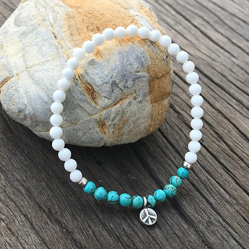 Turquoise and Shell Beaded Bracelet with Sterling Silver Charms 6"-8.5"