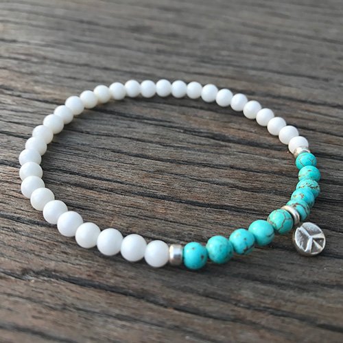 Turquoise and Shell Beaded Bracelet with Sterling Silver Charms 6"-8.5"