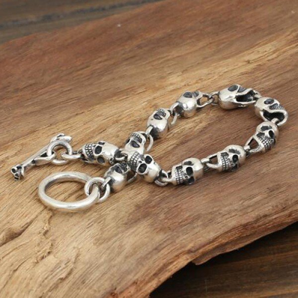 Silver Skull Bracelet - Men's Sterling Silver Skulls Chain Bracelet ...