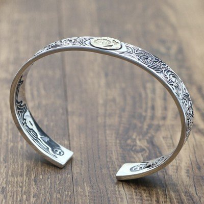Men's Sterling Silver Ivy Pattern Eagle Cuff Bracelet - Jewelry1000.com