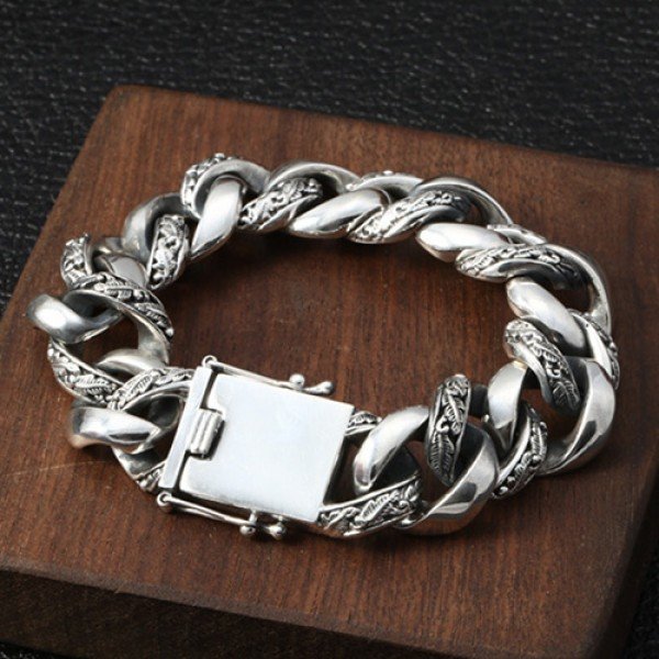 Men's Sterling Silver Carved Curb Chain Bracelet - Jewelry1000.com