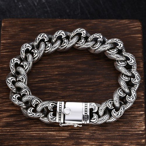Men's Sterling Silver Ivy Pattern Cuban Chain Bracelet - Jewelry1000.com