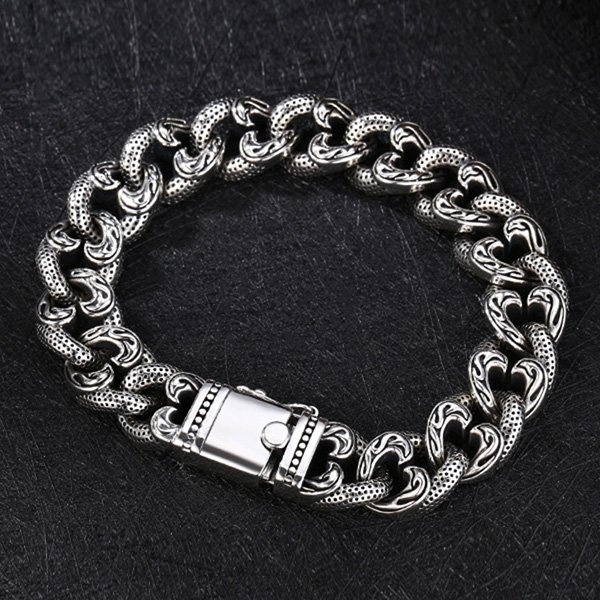 Men's Sterling Silver Ivy Pattern Cuban Chain Bracelet - Jewelry1000.com