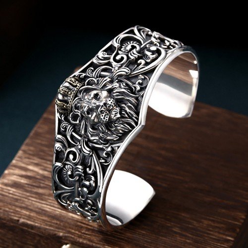 925 sterling silver or Gold polished handmade lion face design adjustable bangle  bracelet kada best unisex gifting jewelry India Gnsk368 | TRIBAL ORNAMENTS