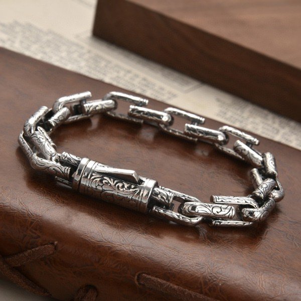 Men's Sterling Silver Ivy Pattern Link Chain Bracelet - Jewelry1000.com