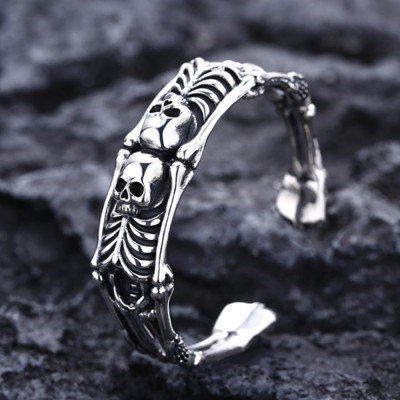 Men's Sterling Silver Skeletons Skull Cuff Bracelet
