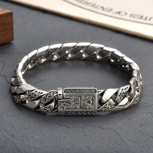 Men's Sterling Silver Ivy Pattern Curb Chain Bracelet - Jewelry1000.com