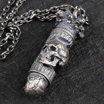 Men's Sterling Silver Skull Key and Lock Necklace with Sterling Silver Bead Chain 18-30